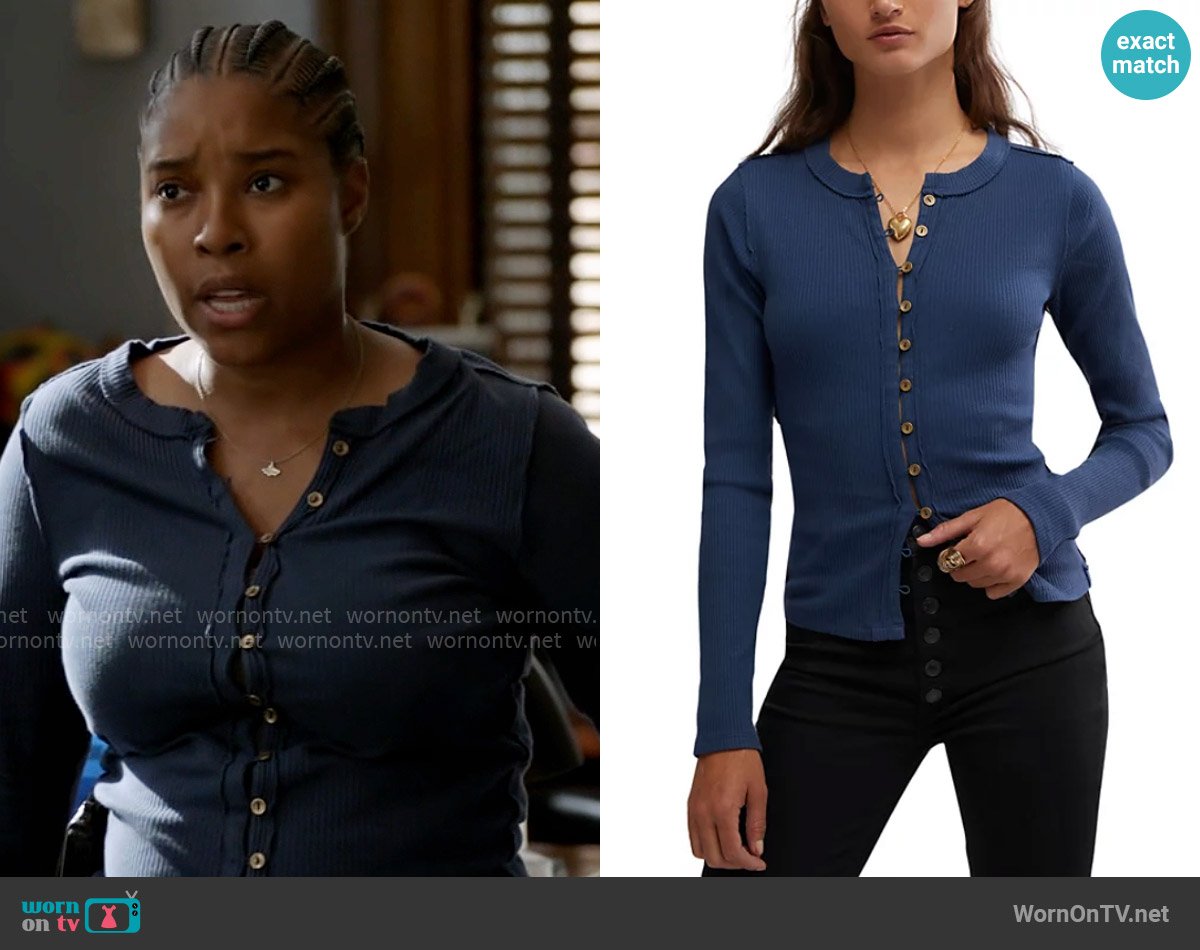 Kiana’s blue button front top on Chicago PD