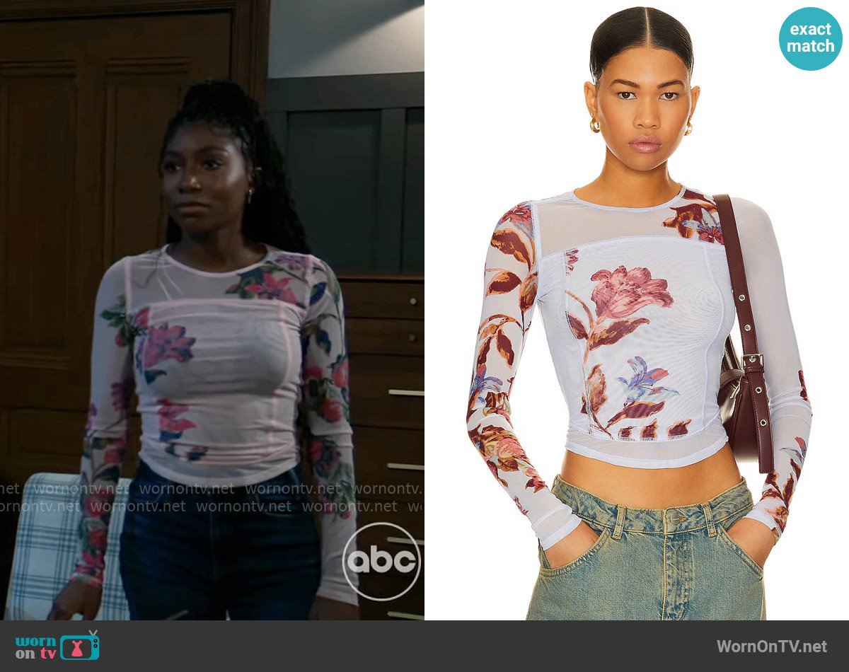 Free People Bettys Garden Top in Blue Combo worn by Trina Robinson (Tabyana Ali) on General Hospital