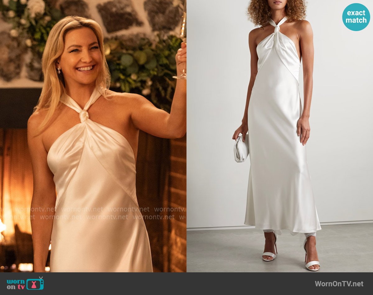 Galvan Santorini draped satin halterneck gown worn by Isla Gordon (Kate Hudson) on Running Point