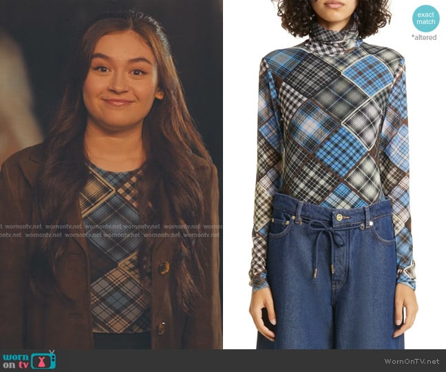 Ganni Printed Mesh Top in Silver Lake Blue worn by Katherine Song-Covey (Anna Cathcart) on XO Kitty