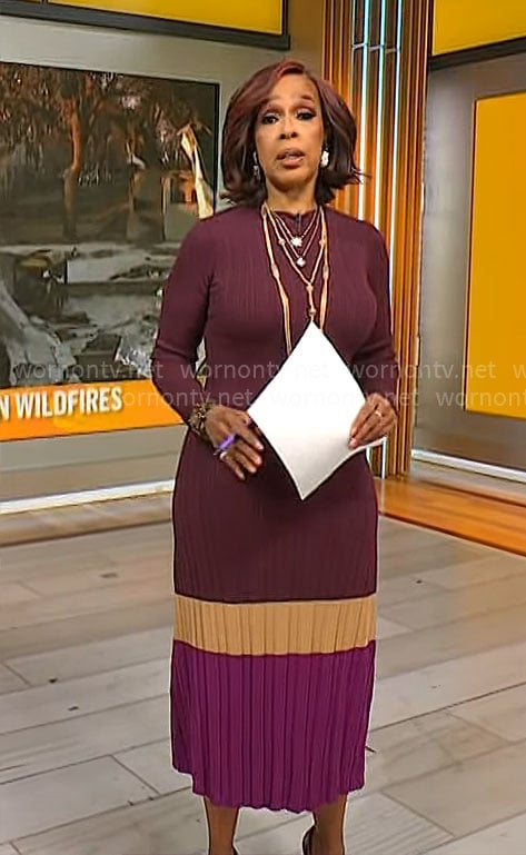 Gayle King's burgundy colorblock knit dress on CBS Mornings