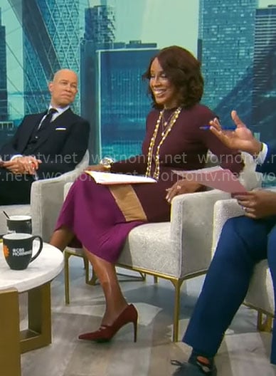 Gayle King's burgundy colorblock knit dress on CBS Mornings