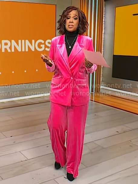 Gayle King's pink velvet suit on CBS Mornings