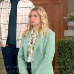 Gemma’s floral button down shirt and green tweed blazer on The Neighborhood