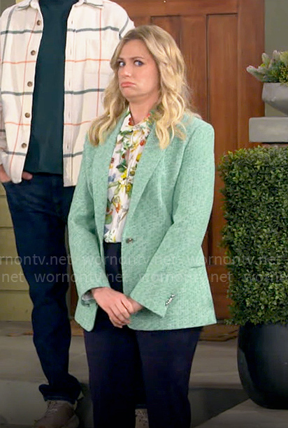 Gemma's floral button down shirt and green tweed blazer on The Neighborhood