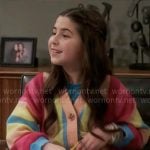 Georgia’s rainbow striped cardigan on Shifting Gears