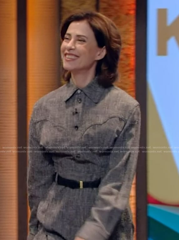 Fernanda Torres’s gray button down shirt and pants on Live with Kelly and Mark