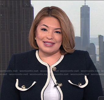 Gilma Avalos’s contrast trim tweed jacket on NBC News Daily