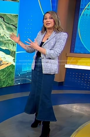 Ginger's blue tweed blazer and denim skirt on Good Morning America