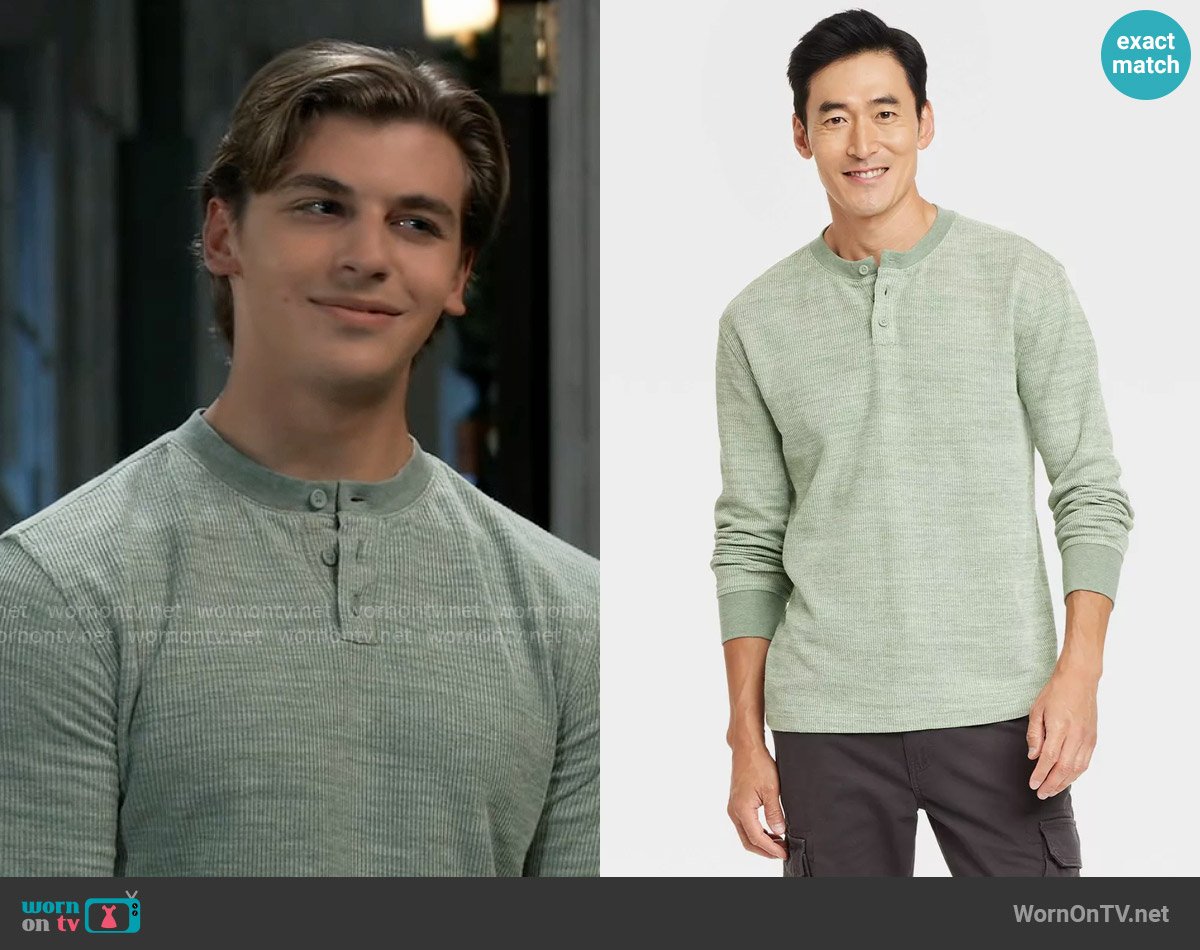 Goodfellow & Co at Target Long Sleeve Textured Henley T-Shirt in Sage Green worn by Giovanni Palmieri (Giovanni Mazza) on General Hospital