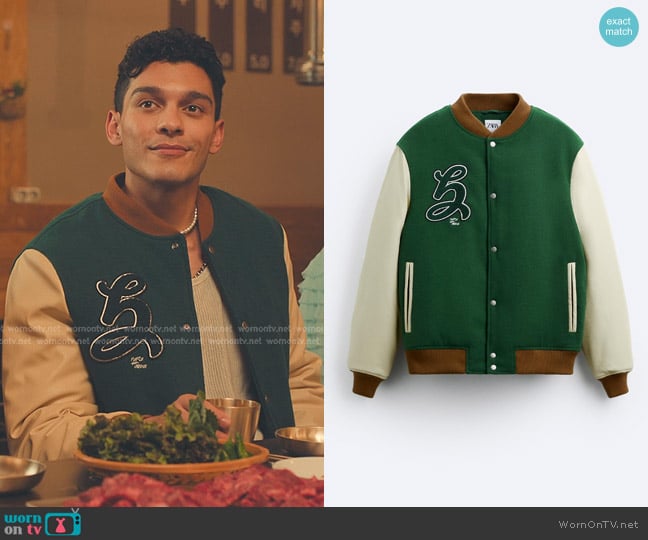 Zara Bomber Jacket with Patches worn by Quincy Shabazian (Anthony Keyvan) on XO Kitty