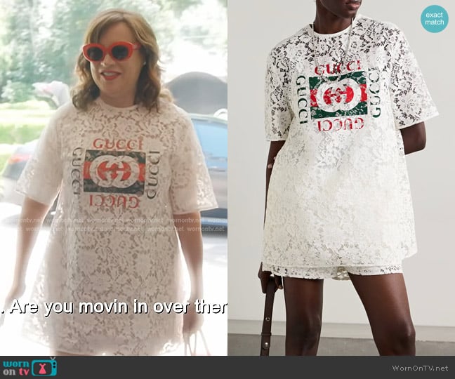 Gucci Printed Corded Lace T-shirt worn by Jennifer Tilly on The Real Housewives of Beverly Hills