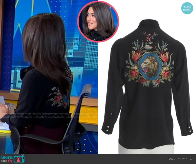 Gucci Silk Bow Blouse with Garden Print worn by Erielle Reshef on Good Morning America