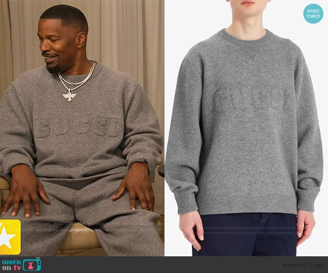 Gucci Logo Embossed Wool Crew Neck Knit Sweater worn by Jamie Foxx on Access Hollywood