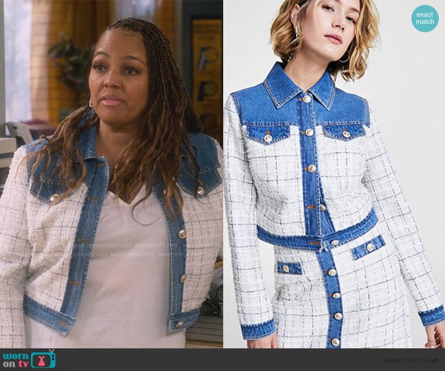 Guess Natalie Tweed & Denim Jacket worn by Regina Upshaw (Kim Fields) on The Upshaws