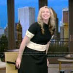 Gwendoline Christie’s contrast metal ring detail top and skirt on Live with Kelly and Mark