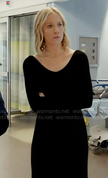 Hannah's black v-neck midi dress on Chicago Fire