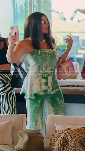 Heather's green asymmetric top and bermuda shorts on The Real Housewives of Salt Lake City