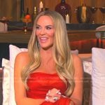 Heather’s red strapless chiffon reunion dress on The Real Housewives of Salt Lake City