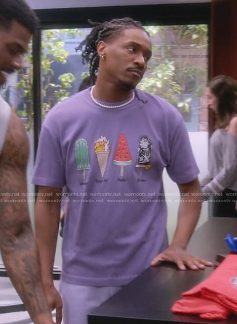 Hector's purple ice cream print tee on The Upshaws