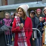 Hoda’s red double breasted wool coat and plaid knit scarf on Today