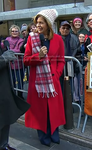 Hoda’s red double breasted wool coat and plaid knit scarf on Today