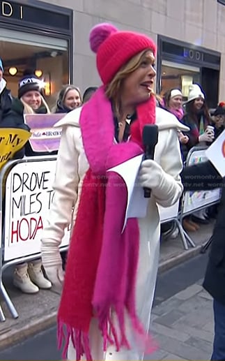 Hoda’s white coat and two-tone knit scarf on Today