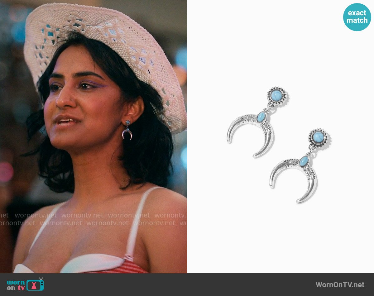 Icing Turquoise Horn Silver 1'' Drop Earrings worn by Bela Malhotra (Amrit Kaur) on The Sex Lives of College Girls