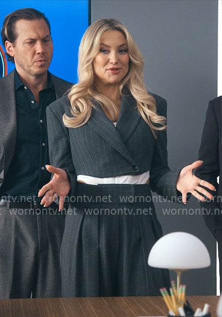 Isla's grey pinstriped cropped blazer and pants set on Running Point