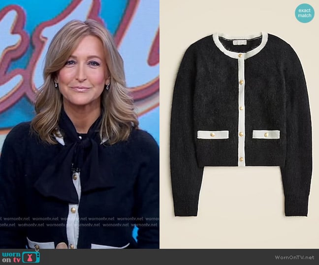 J. Crew Brushed Cashmere Fitted Cardigan Sweater with contrast trim worn by Lara Spencer on Good Morning America