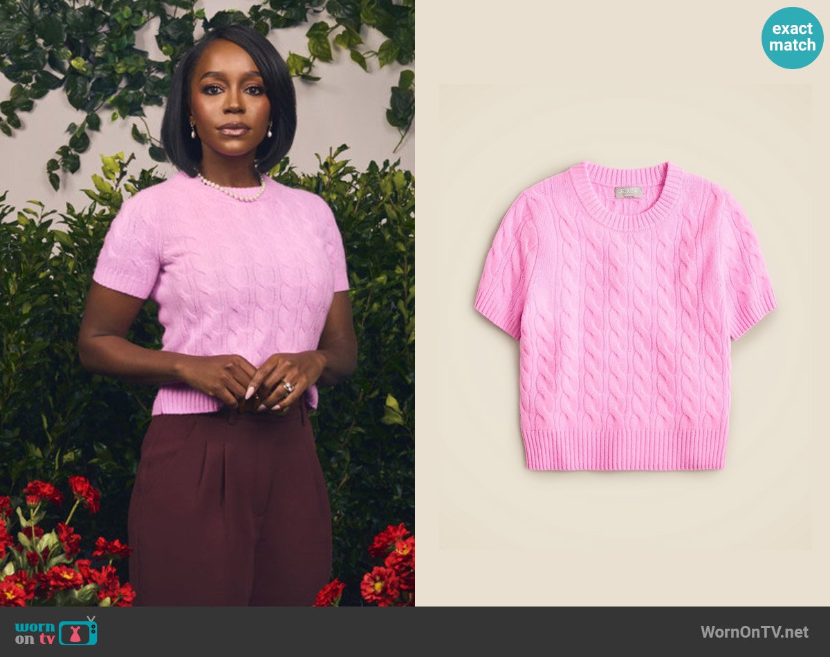 J. Crew Cashmere Cable-knit T-shirt in Neon Orchid worn by Catherine (Aja Naomi King) on Grosse Pointe Garden Society