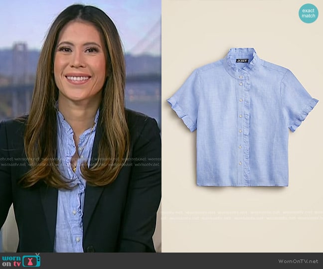 J. Crew Ruffle-trim Button-up Shirt in Linen French Blue worn by Deirdre Bosa on NBC News Daily