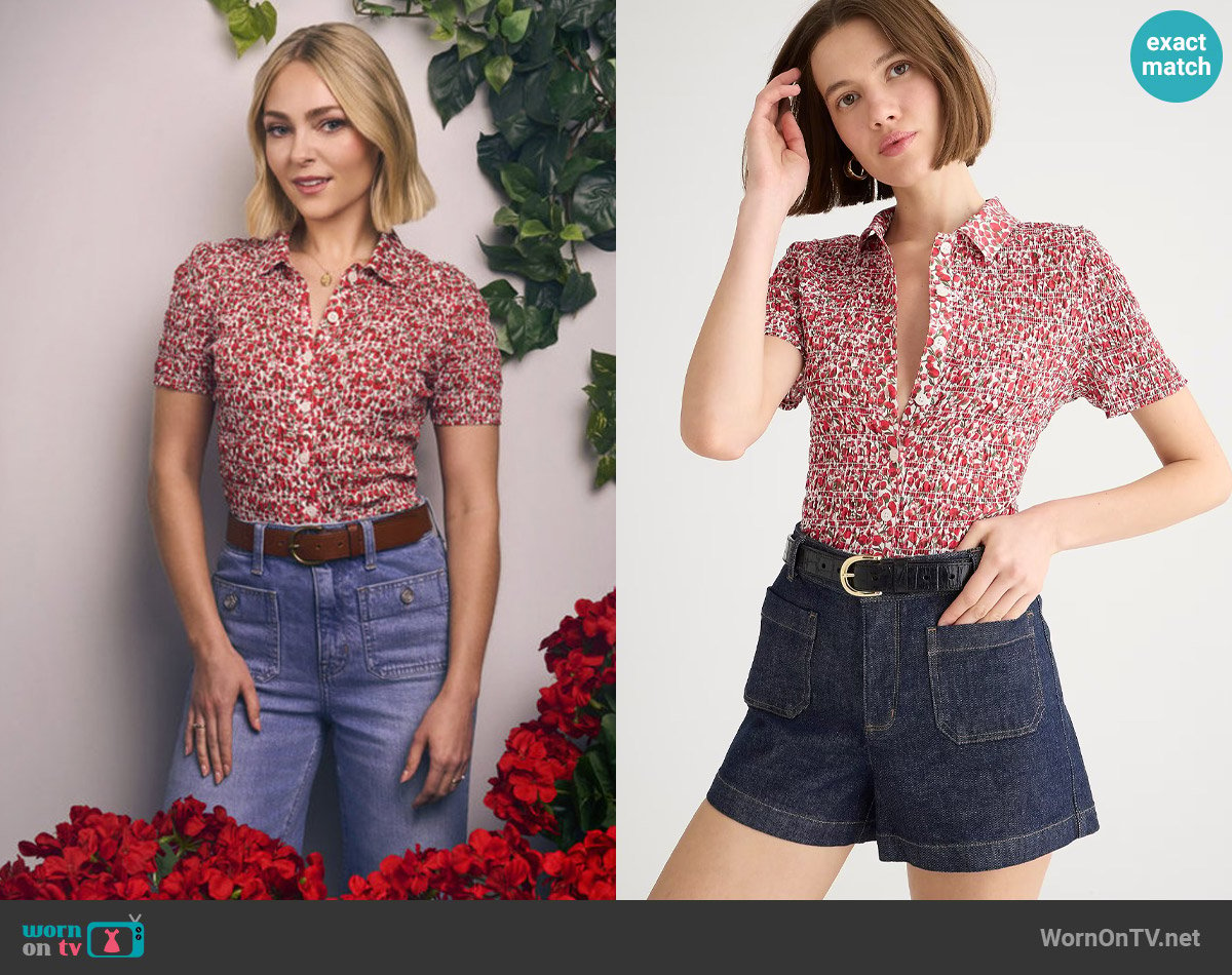 J. Crew Smocked button-up shirt in Liberty® Eliza's Red fabric worn by Alice (AnnaSophia Robb) on Grosse Pointe Garden Society