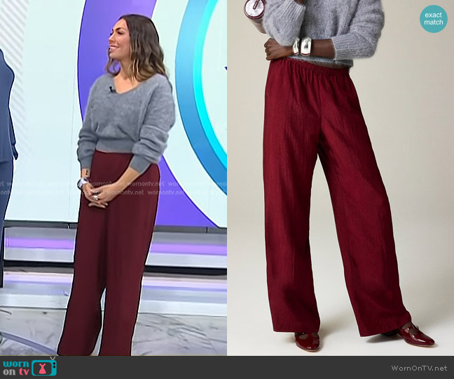 J. Crew Stratus Pant in Textured Satin Burgundy worn by Melissa Garcia on Today