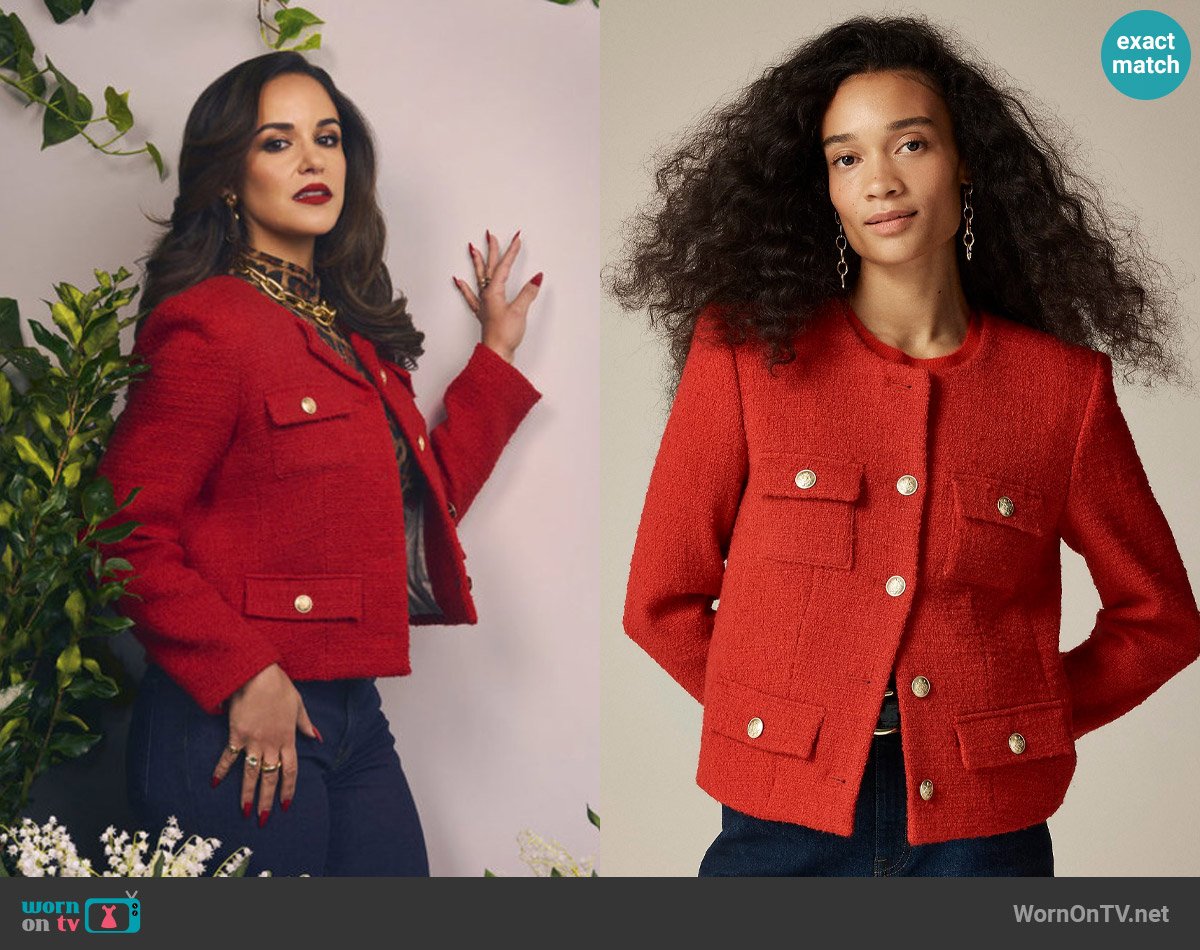 J. Crew Isabelle lady jacket in tweed in Radiant Ruby worn by Birdie (Melissa Fumero) on Grosse Pointe Garden Society