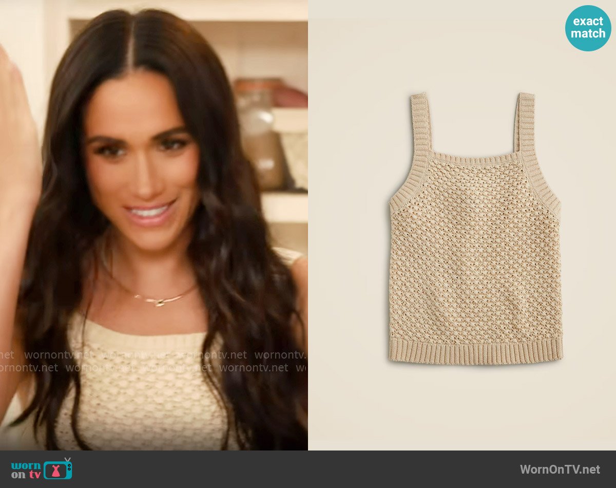 J. Crew Basket-Stitch Sweater Tank in Buff Clay worn by Meghan Markle on With Love, Meghan