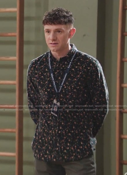 Jacob's black floral print shirt on Abbott Elementary