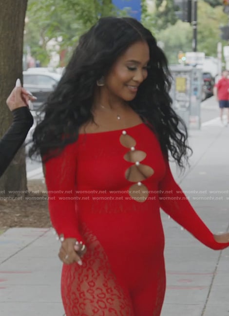 Jacqueline's red lace cutout jumpsuit on The Real Housewives of Potomac