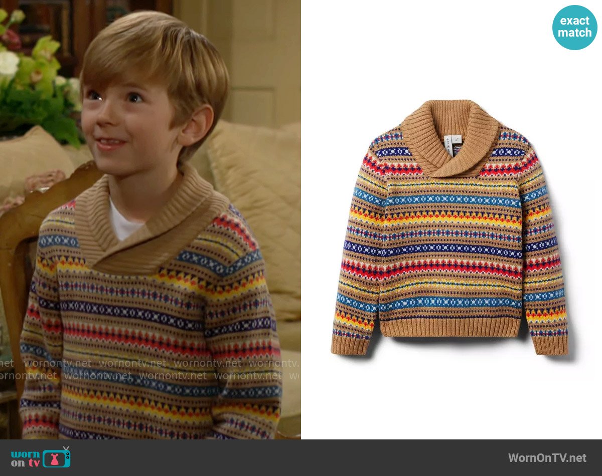 Janie & Jack Fair Isle Shawl Collar Sweater in Cinnamon Fair Isle worn by Harrison Abbott (Redding Munsell) on The Young and the Restless