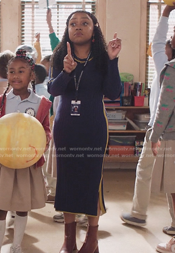 Janine's blue ribbed side stripe dress on Abbott Elementary