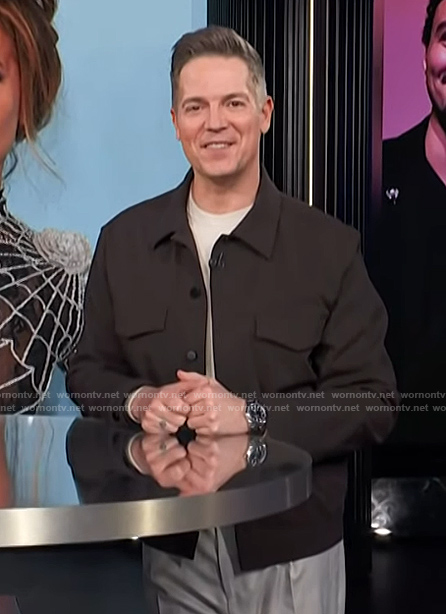 Jason's brown button front jacket on E! News