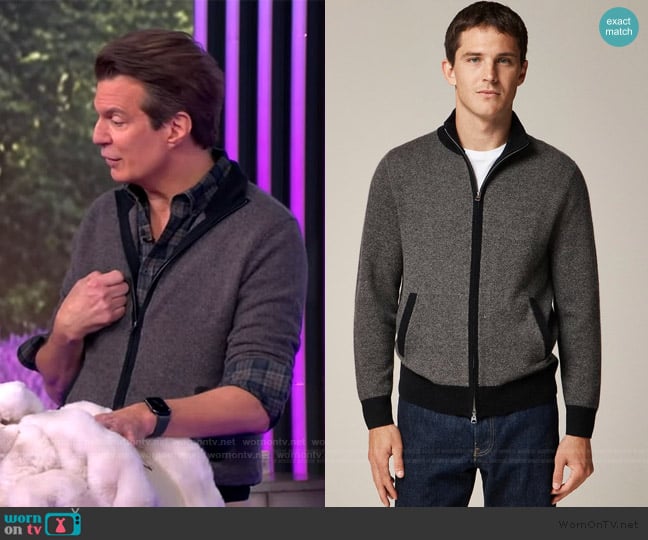 J. Crew Cashmere full-zip sweater in bird's-eye stitch worn by Adam Glassman on The View