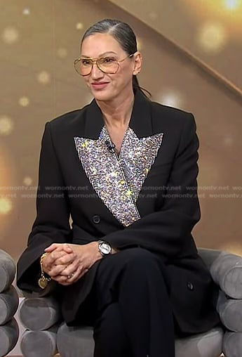 Jenna Lyons’s black crystal embellished collar blazer on Today