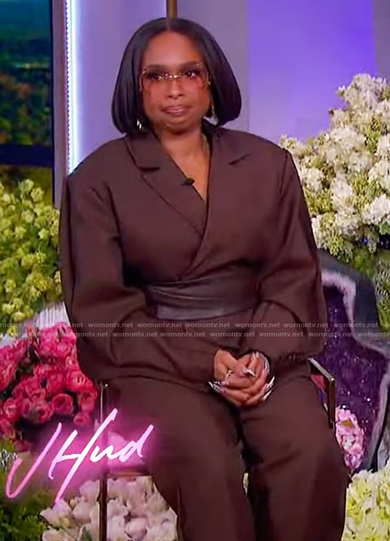 Jennifer’s brown twist front blazer and pants on The Jennifer Hudson Show