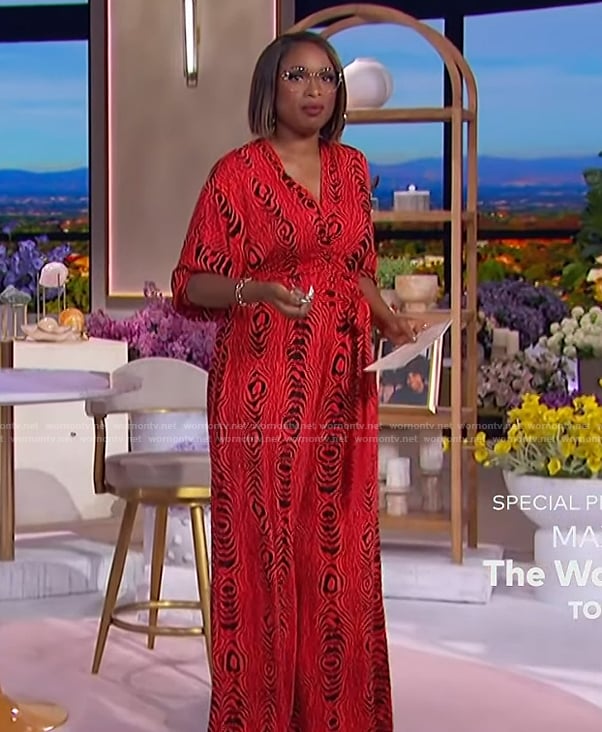 Jennifer's red printed jumpsuit on The Jennifer Hudson Show