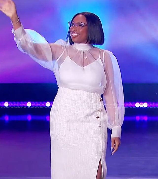 Jennifer's white tweed button detail skirt on The Jennifer Hudson Show