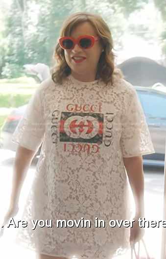 Jennifer's white print lace tee on The Real Housewives of Beverly Hills