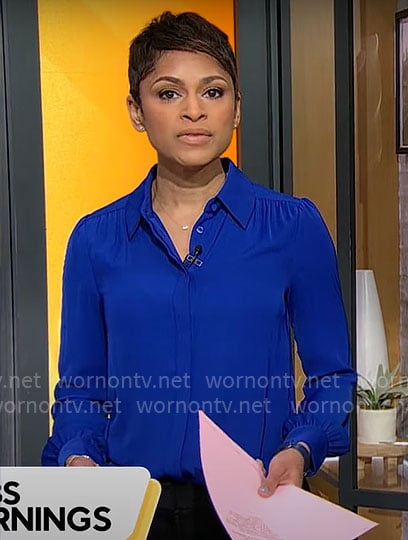 Jericka Duncan’s blue button down blouse on CBS Mornings