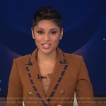 Jericka’s brown striped piping blazer and pants on CBS Evening News