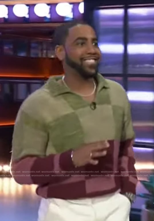 Jharrel Jerome’s colorblock check knit sweater on The Kelly Clarkson Show